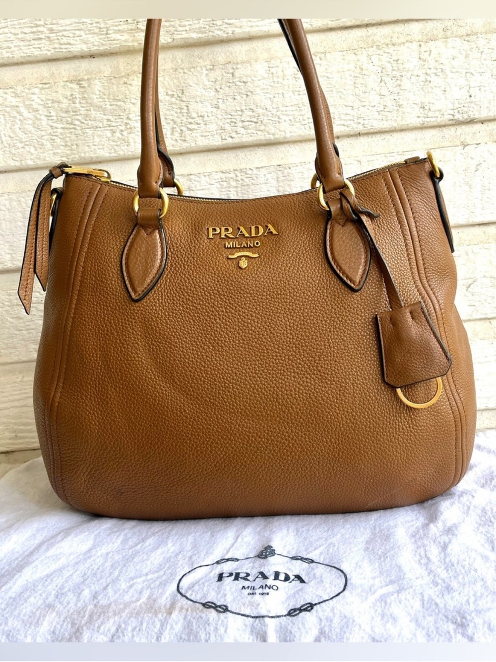 PRADA British Tan Brown Vitello Phenix Daino Shoulder Bag Tote Handbag Bag
